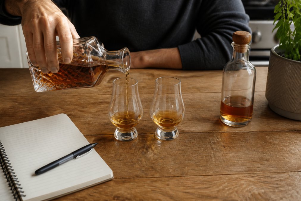 Side-by-side tasting guide showing the process of comparing bourbon vs rye whiskey with notes.