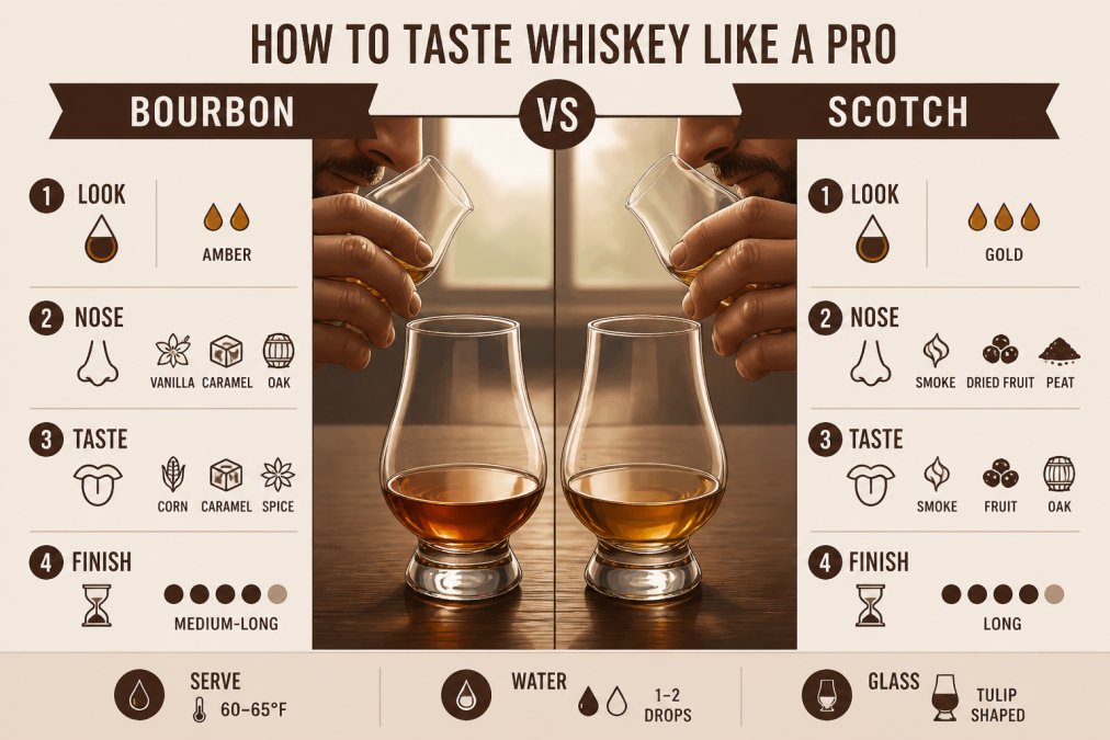 Close-up of two whiskey glasses side by side on a wooden tasting table, one containing bourbon and one scotch, with a person's hands positioned for nosing, natural lighting from a window