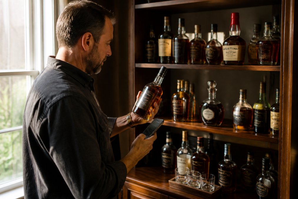 Collector examining bottles on a shelf while holding a smartphone displaying a collection tracking app, natural lighting streaming through a nearby window