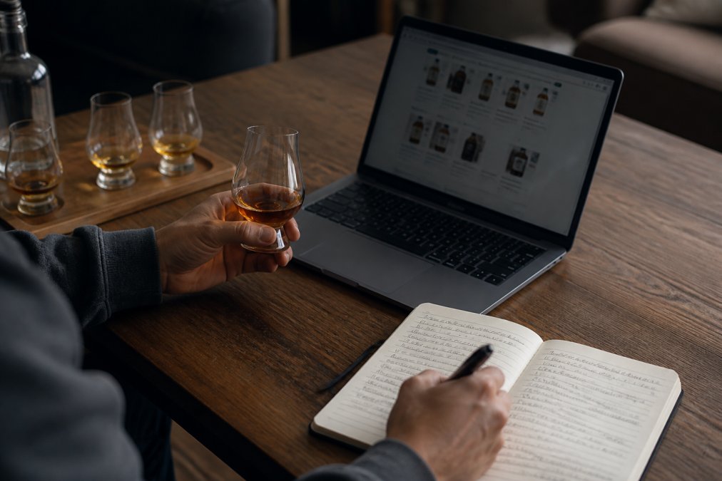 Close-up of hands holding a glass of bourbon next to a laptop with tasting notes being entered, a notebook with handwritten notes visible on the desk