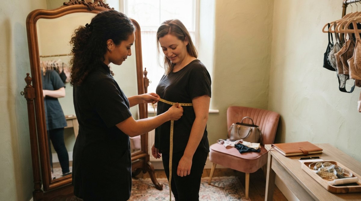 Professional fitter measuring a customer's band size with a soft measuring tape in a private fitting room with mirrors and comfortable seating, warm lighting creating an intimate, welcoming space