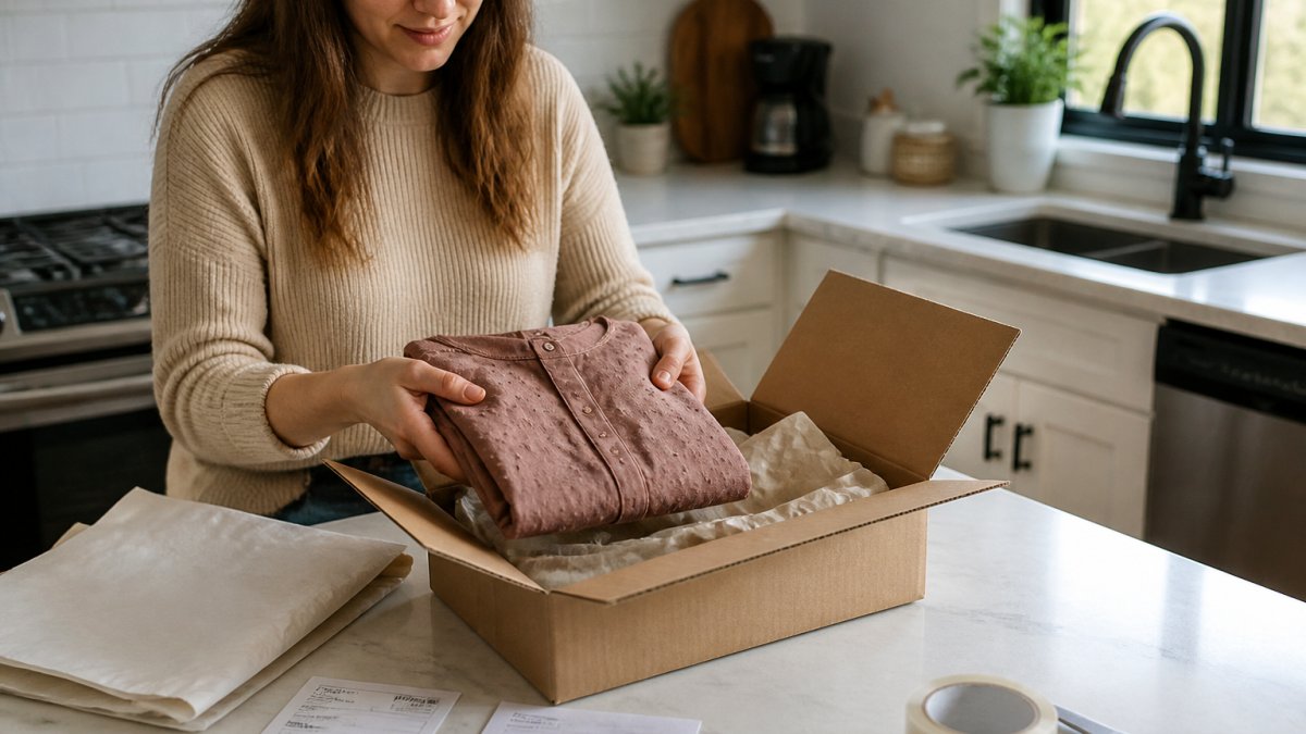 A woman at a kitchen counter folding a folded blouse into a shipping box beside a printed prepaid return label and packing slip, natural daylight