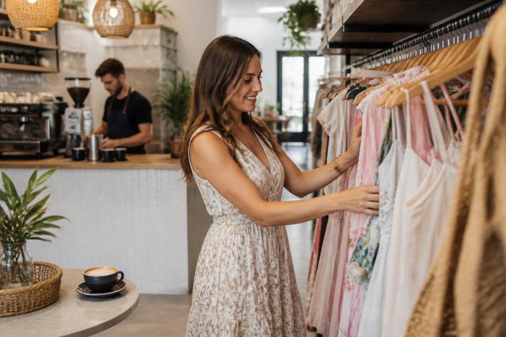 A woman browsing a curated rack of dresses inside a bright boutique, with a barista preparing coffee in the background and a latte resting on a side table