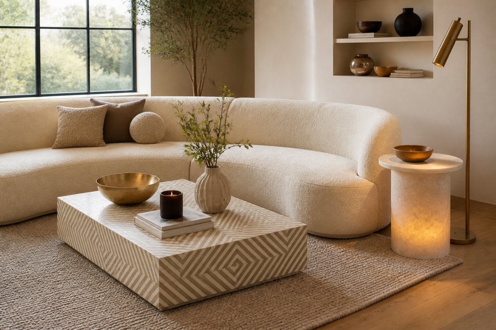 A sunlit living room with an ivory boucle curved sectional sofa, a bone inlay coffee table with geometric pattern, and a travertine marble side table with soft LED glow, styled with natural wood and warm metals
