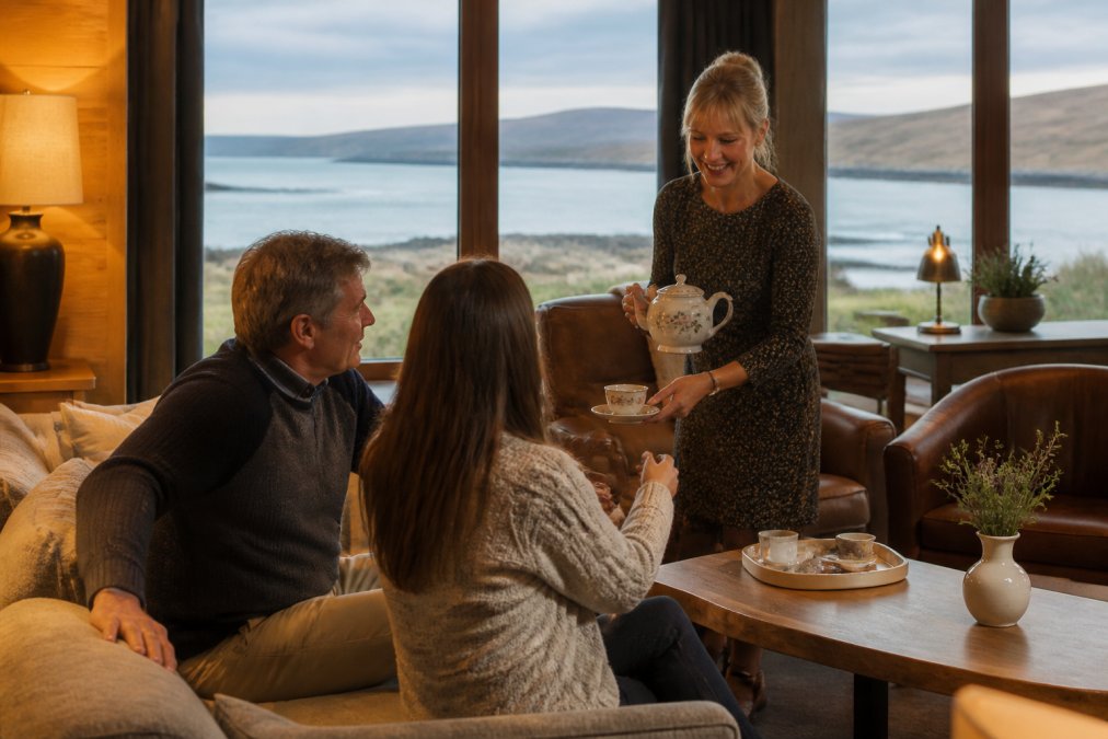 Warm interior of a luxury lodge sitting area with handmade furnishings, soft lighting from table lamps, a host offering tea from a china pot to arriving guests, with coastal vistas visible through large windows