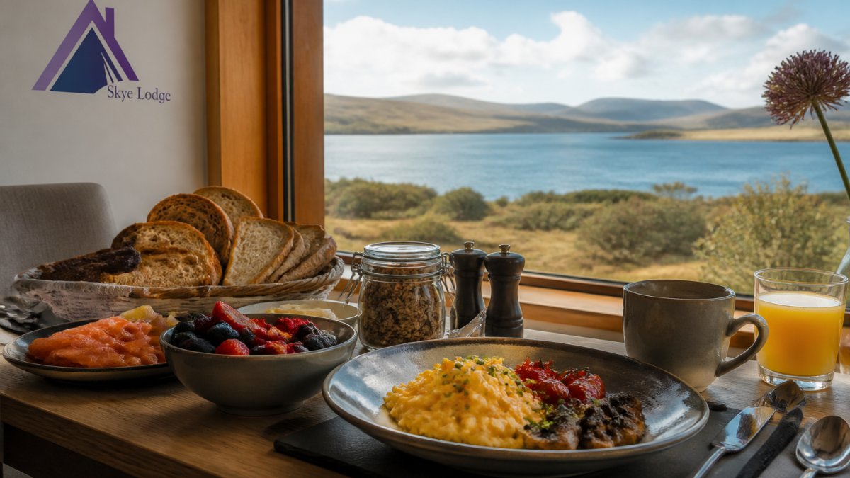 A freshly prepared breakfast spread featuring local Highland ingredients including smoked salmon, fresh berries, artisan bread, and locally sourced eggs arranged on a dining table with soft morning light and loch views visible through the window