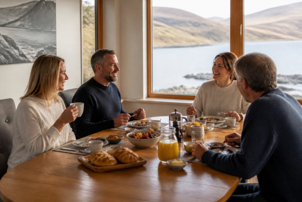 A group of four guests enjoying a freshly prepared breakfast together in a bright dining room with large windows framing loch views, warm natural light streaming across locally sourced food on the table