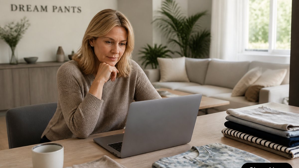 Woman browsing clothing on a laptop at home, comparing options with thoughtful expression, natural window lighting illuminating her workspace with neutral-toned furnishings