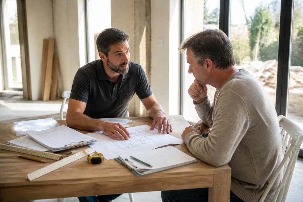 Huiseigenaar en bouwvakker bespreken bouwplannen aan een tafel met meetband, schetsmateriaal en offertedocumenten onder natuurlijk daglicht