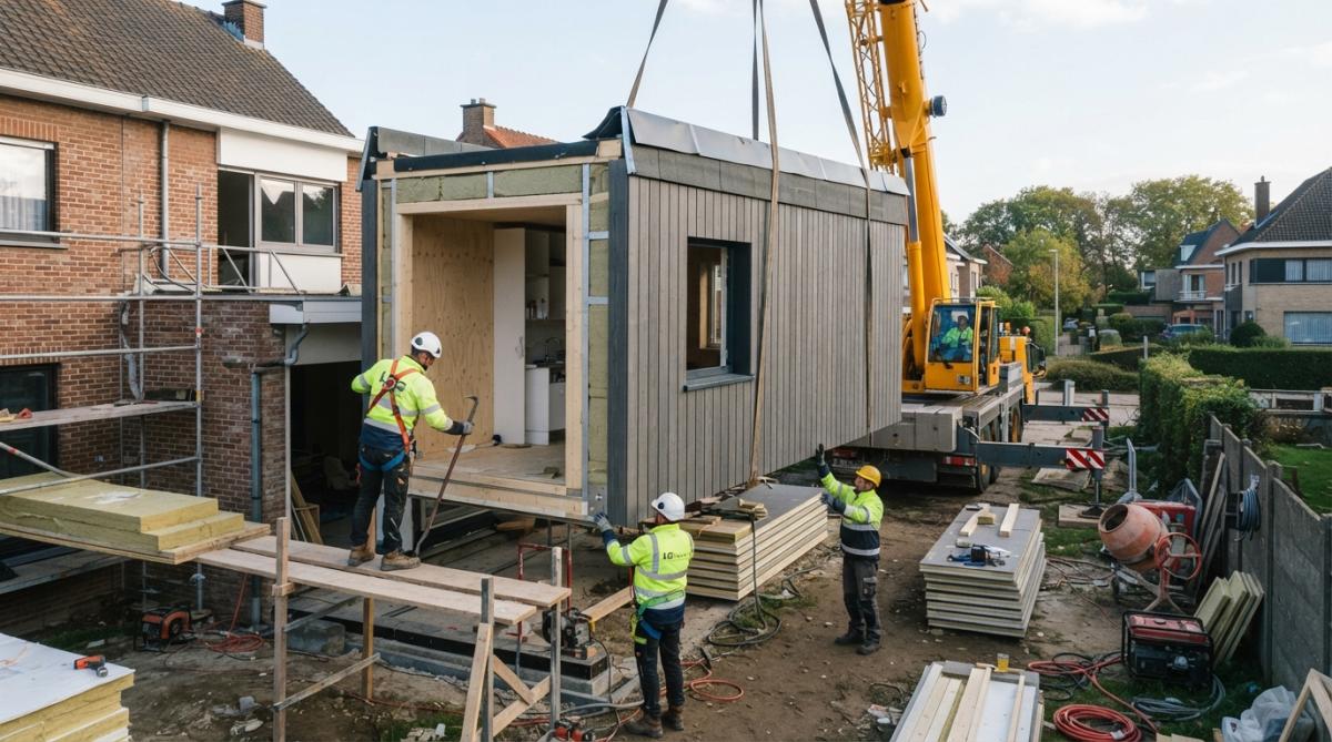 Close-up van prefab houtskeletbouw modules die op een bouwplaats worden geïnstalleerd, met arbeiders die de montage uitvoeren in daglicht