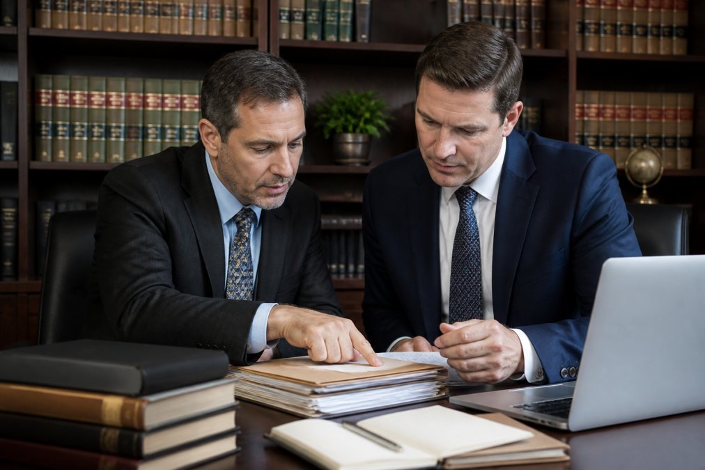 Two attorneys in a professional office setting reviewing case files together, one pointing at a document, with law books and a laptop visible on the desk