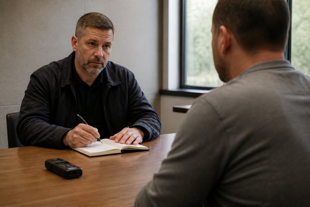 Professional investigator conducting a witness interview in a neutral office setting, notebook and digital recorder visible on the desk between interviewer and witness, natural window lighting