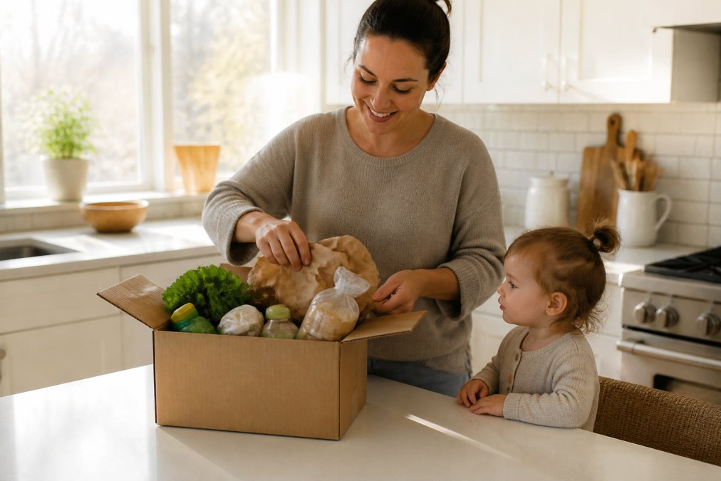 A busy parent unboxing fresh groceries and household essentials from a cardboard delivery box on their kitchen counter, with morning sunlight streaming through the window