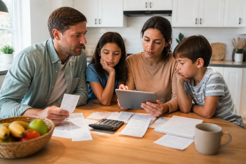 A family reviewing their grocery budget and subscription options on a tablet while sitting together at a kitchen table, with grocery receipts and a calculator nearby