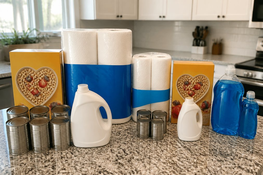 Close-up of bulk-sized packages of cereal, paper towels, canned goods, and cleaning supplies stacked on a kitchen counter next to standard retail-sized versions, showing the scale difference in morning natural light