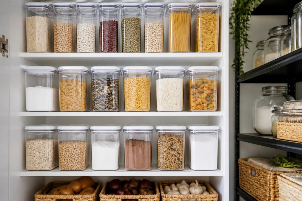 Organized pantry shelves in a small apartment showing labeled plastic containers with bulk items like rice, beans, and pasta, with a rotation system and clear inventory labels in bright kitchen lighting