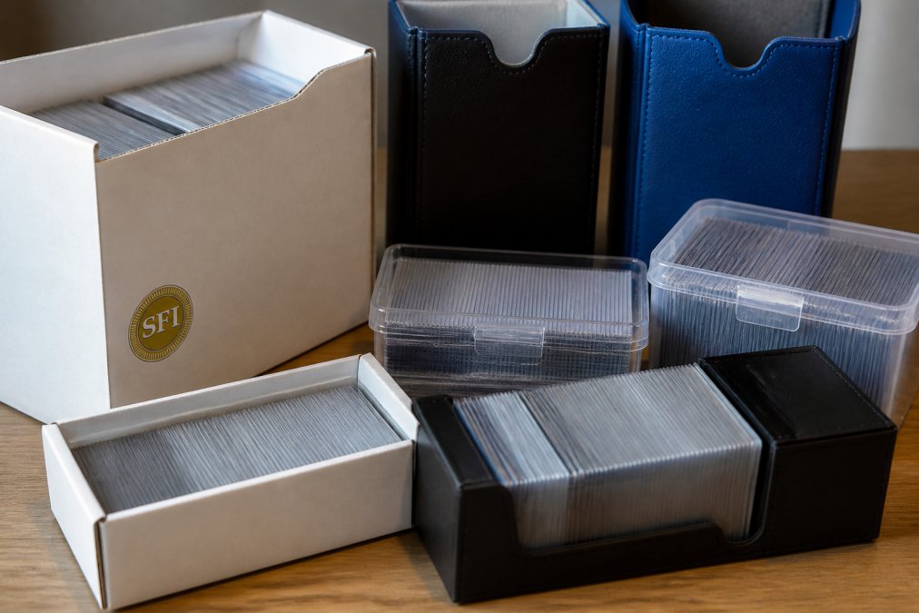 Close-up of various card storage boxes and deck boxes arranged on a table, showing different materials including acid-free cardboard and plastic containers with cards visible inside some boxes