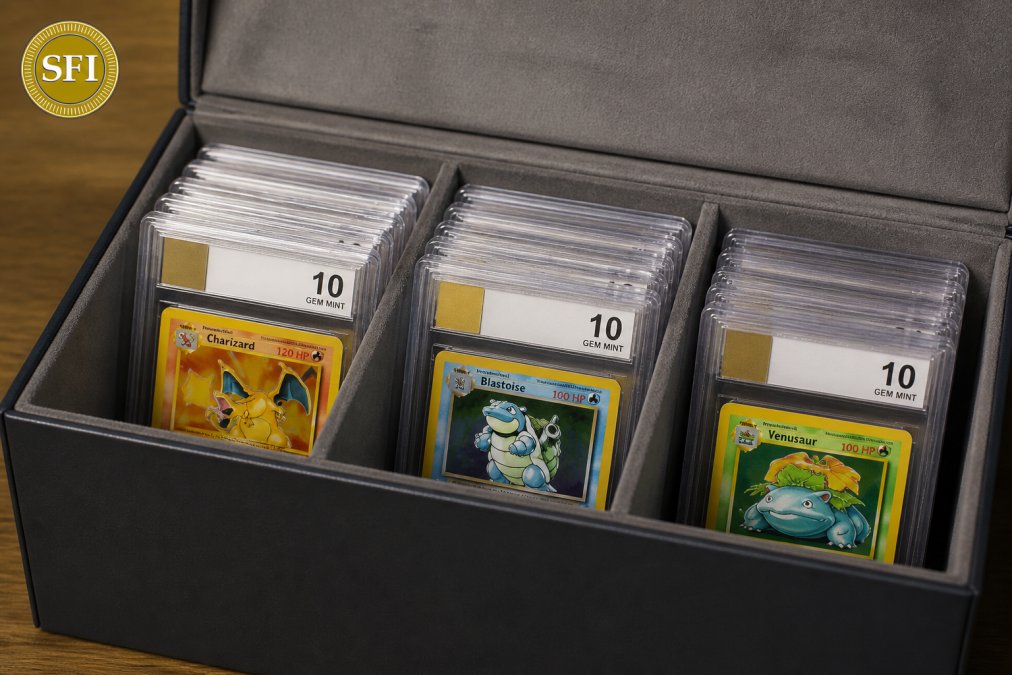Graded Pokemon card slabs displayed in protective sleeves within a storage box, showing professional organization with clear visibility of grade labels and card condition
