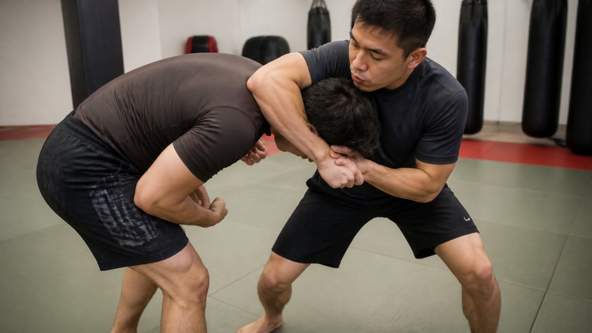 Two adults in athletic clothing practicing close-quarters clinch work on a training mat in a well-lit martial arts studio, one controlling the other's posture with focus and control