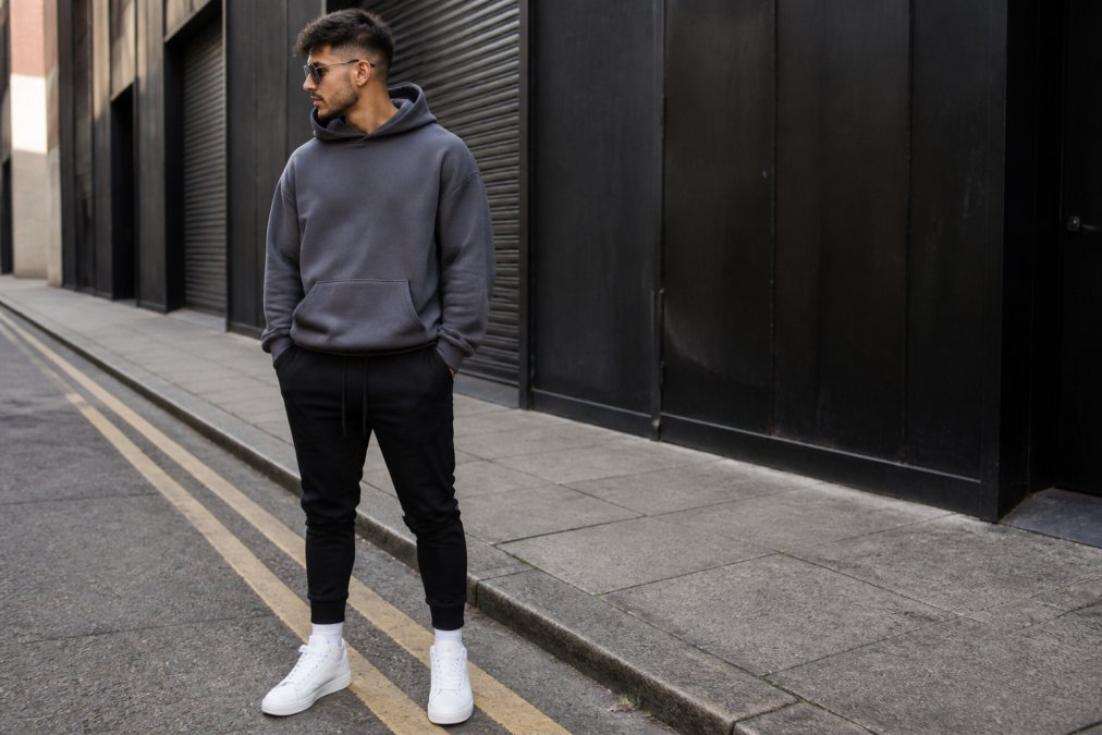 Person wearing a boxy fit heavyweight hoodie with dropped shoulders in slate gray, styled with fitted black joggers and white high-top sneakers, standing in urban setting with natural daylight