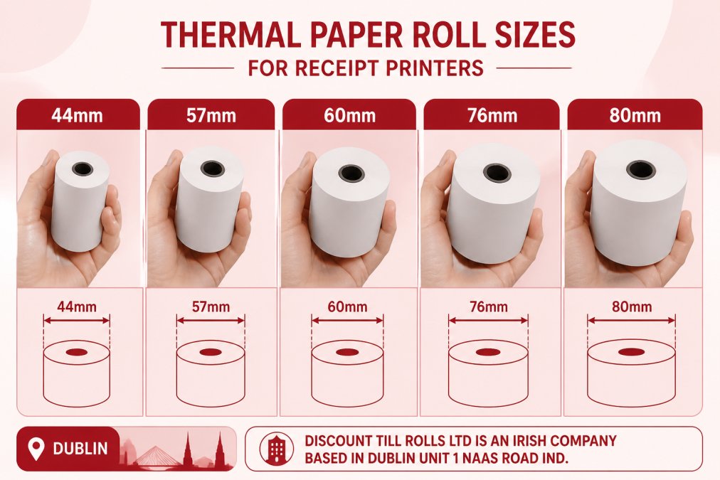 Comparison chart showing width variations of thermal paper rolls from 44mm to 80mm