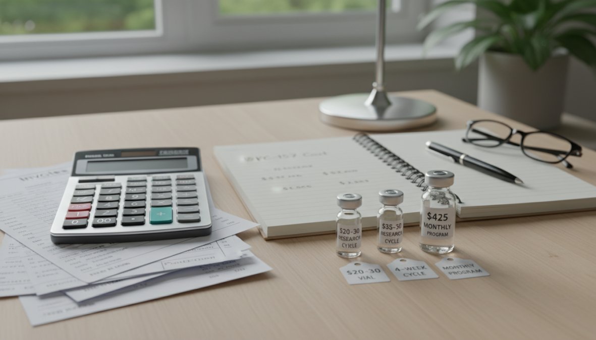 Bar chart showing BPC-157 cost tiers: Research vial single unit $20-$30, 4-week gut healing cycle $35, Physician-supervised monthly program $425