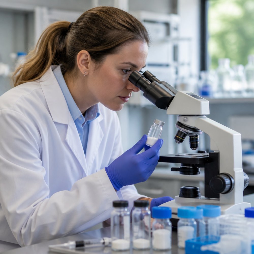 A researcher in a lab coat examining a clear vial of white peptide powder under a microscope in a clean, brightly lit laboratory with stainless steel surfaces