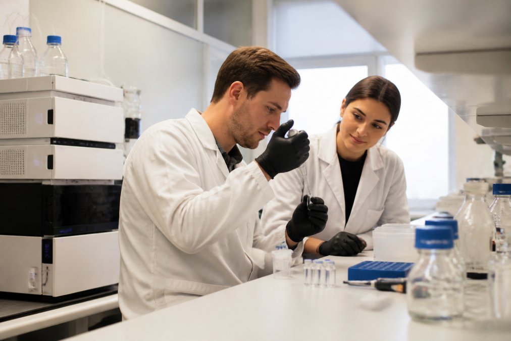 Close-up van laboratoriumonderzoeksomgeving met peptide-samples in buisjes, HPLC-apparatuur en onderzoeksmaterialen op een werkblad met professionele verlichting