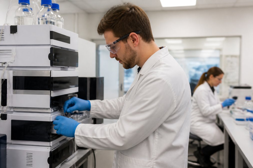 Professionele HPLC-analysemachine in modern laboratorium met technicus die monsters voorbereidt en analyseert onder heldere verlichting