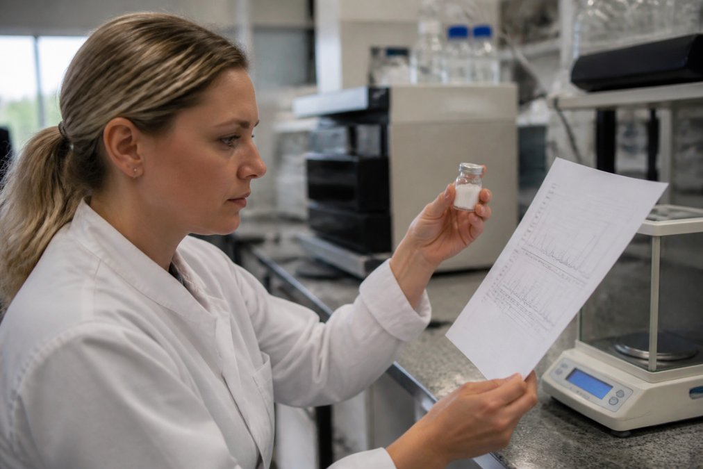 Close-up van een laboratoriummedewerker in witte jas die een HPLC-resultatenblad en een kleine glazen vial met gevriesdroogd peptidepoeder vasthoudt naast een analytische balans in een modern laboratorium