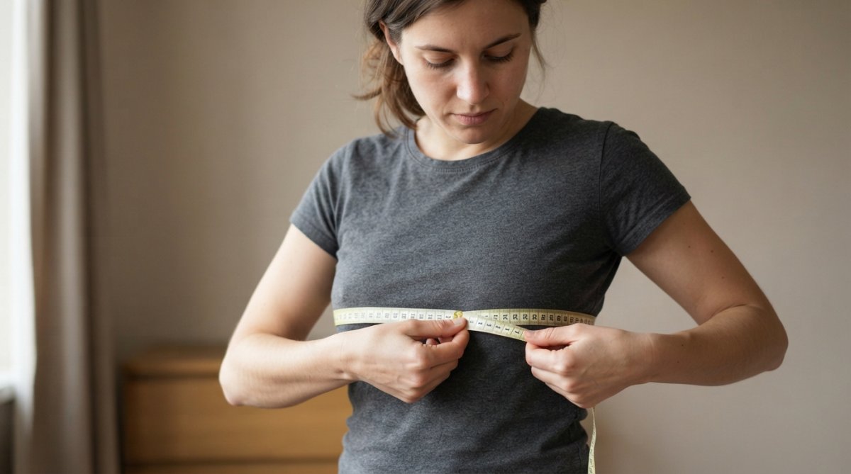 Close-up of a young woman measuring her underbust with a soft measuring tape, showing proper horizontal tape placement and neutral posture against a plain background