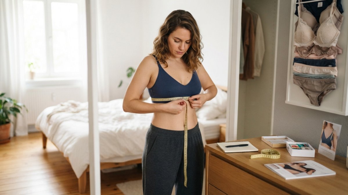 A woman standing in front of a full-length mirror in a bright bedroom, holding a soft measuring tape around her ribcage, wearing a simple bra, focused expression