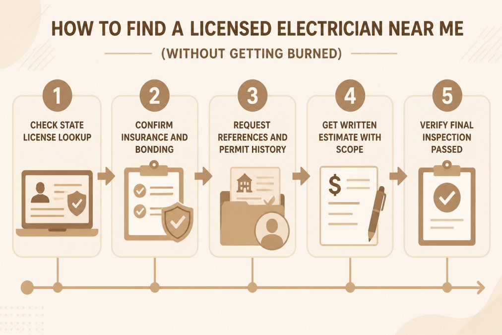 Flowchart showing the 5-step verification process: 1) Check state license lookup, 2) Confirm insurance and bonding, 3) Request references and permit history, 4) Get written estimate with scope, 5) Verify final inspection passed