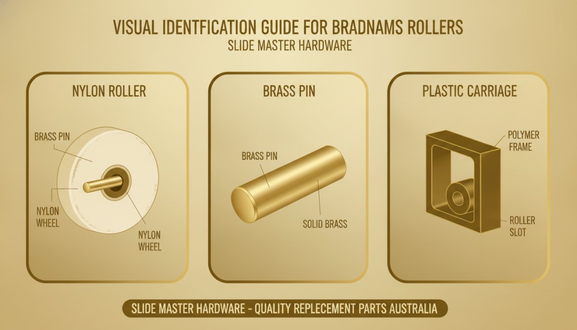 Visual roadmap for Close-up photograph of different Bradnams roller components showing nylon roller, brass pin, and ...