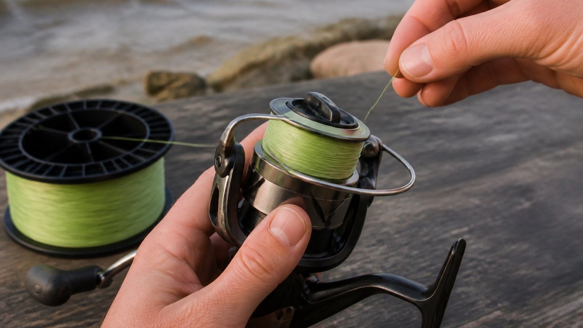 Diagram illustrating the step-by-step process of spooling braided fishing line onto a spinning reel with backing.