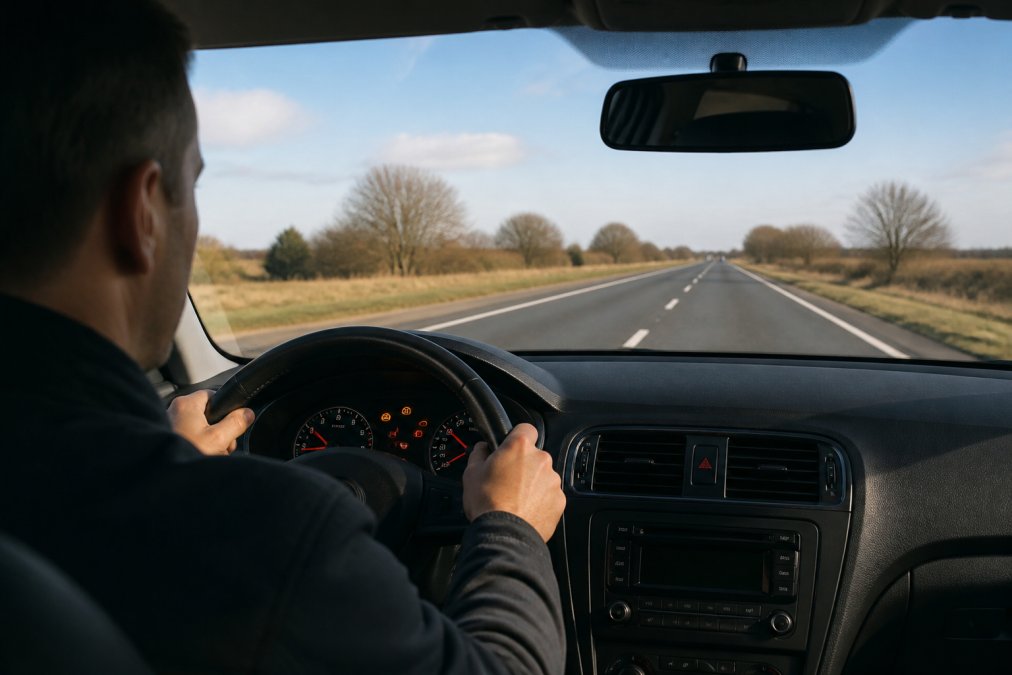 Driver with focused expression gripping steering wheel, dashboard visible with warning lights illuminated, straight road ahead in daylight