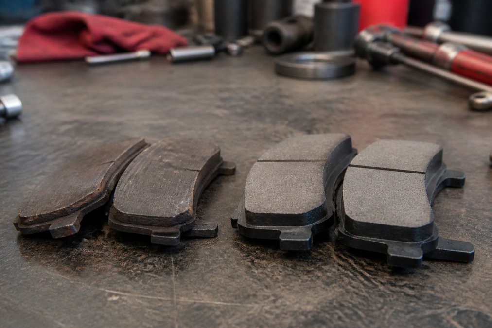 A close-up of worn brake pads resting on a workbench next to a new set, showing the difference in friction material thickness under bright shop lighting