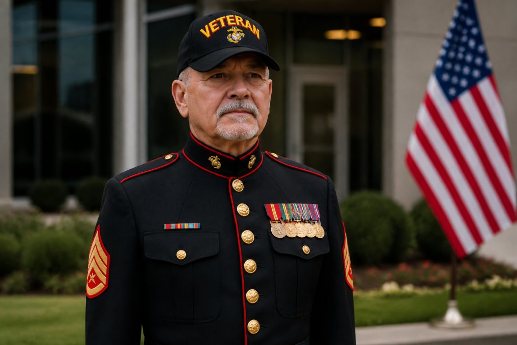 Veteran standing in service dress apparel with proper insignia placement and medals displayed, demonstrating correct military heritage presentation in professional setting