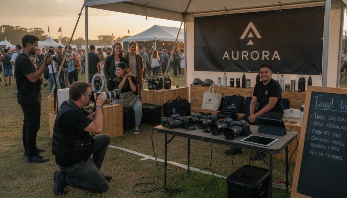 Professional photographer capturing attendees interacting with a branded activation booth, with custom branding visible in the background and genuine engagement happening naturally