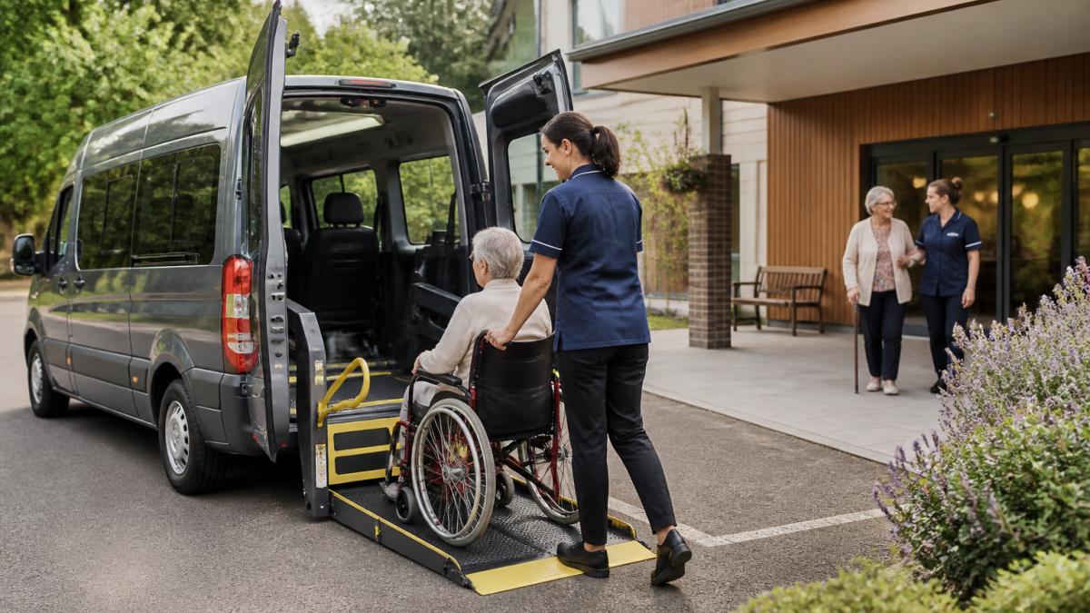Care staff assisting a resident into an accessible minibus for vehicle reliability social care.