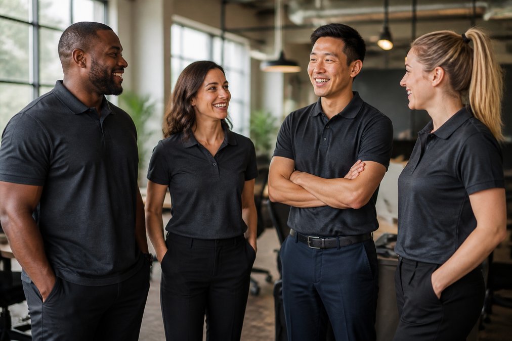 Diverse team members in matching branded apparel for men and women teams standing in a modern office.