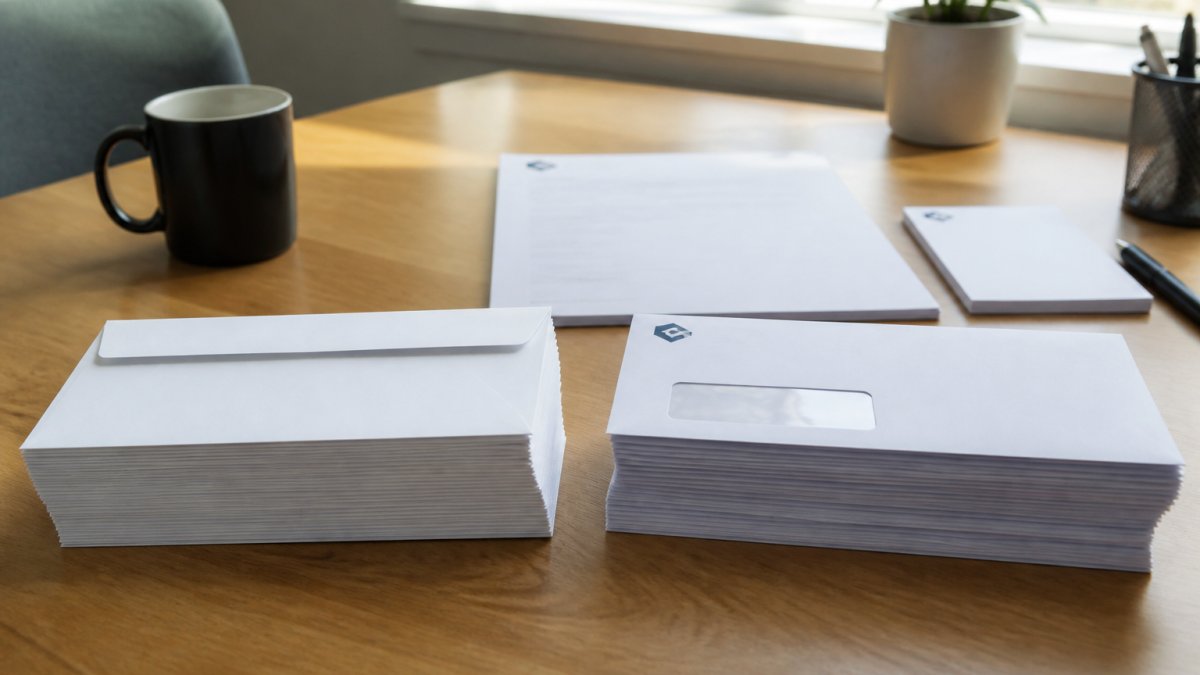 Stacks of plain white envelopes next to custom-printed envelopes with a company logo on a desk with letterhead and a notepad.