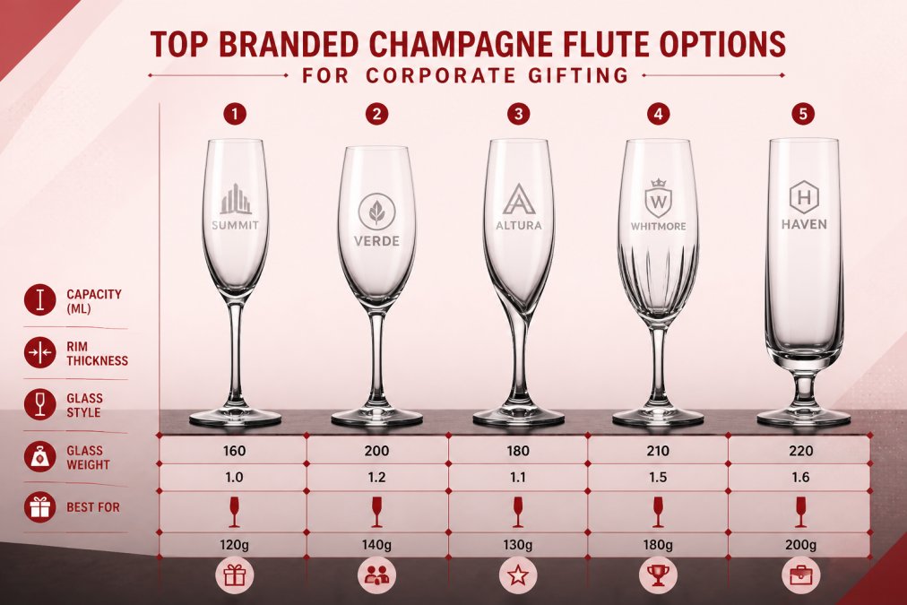 Professional illustration showing branded champagne flutes for corporate gifts