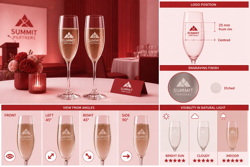 Visual roadmap for Professional corporate event setup with branded champagne flutes on a table, showing how engraved...