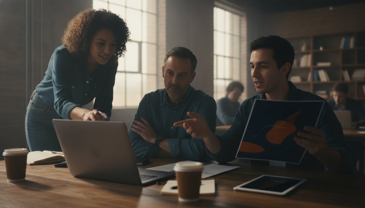Creative director presenting branded content pitch deck to client team in modern conference room, with laptop displaying slides and team members taking notes