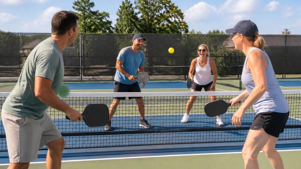 A group of coworkers in casual athletic wear laughing and playing pickleball on an outdoor court during a sunny company retreat, paddles in hand, with a net and bright court lines visible