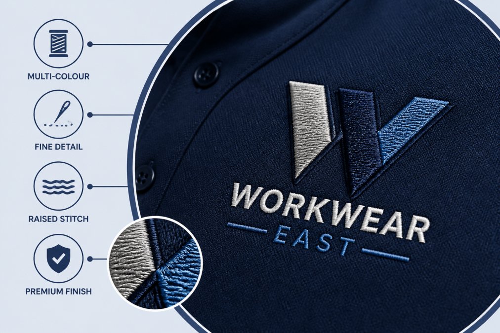 Close-up of a high-quality embroidered logo on a polo shirt showing intricate multi-colour stitching with raised thread detail and professional finish