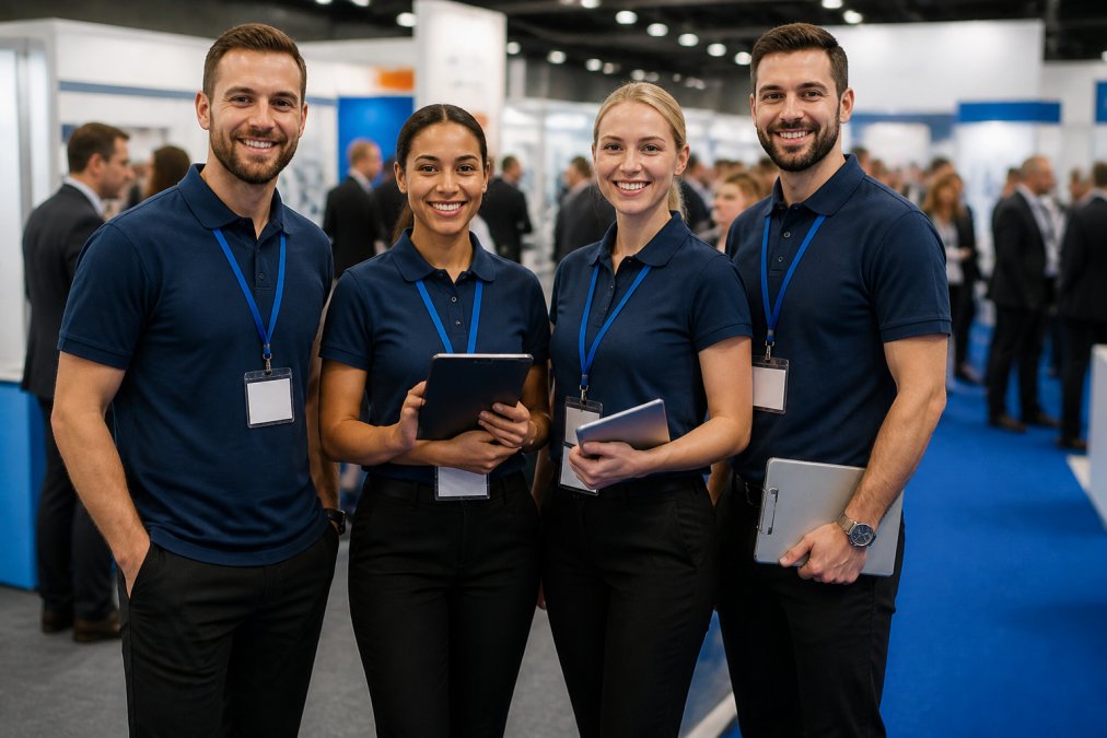 Professional team of staff members wearing matching branded polo shirts at a corporate event, displaying unified brand identity with confident posture and professional accessories