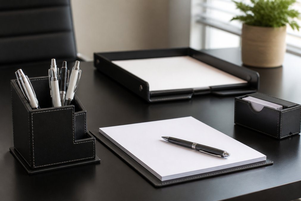 Professional's organized desk with branded pens in a holder, custom notepads, and stationery items arranged neatly with natural office lighting
