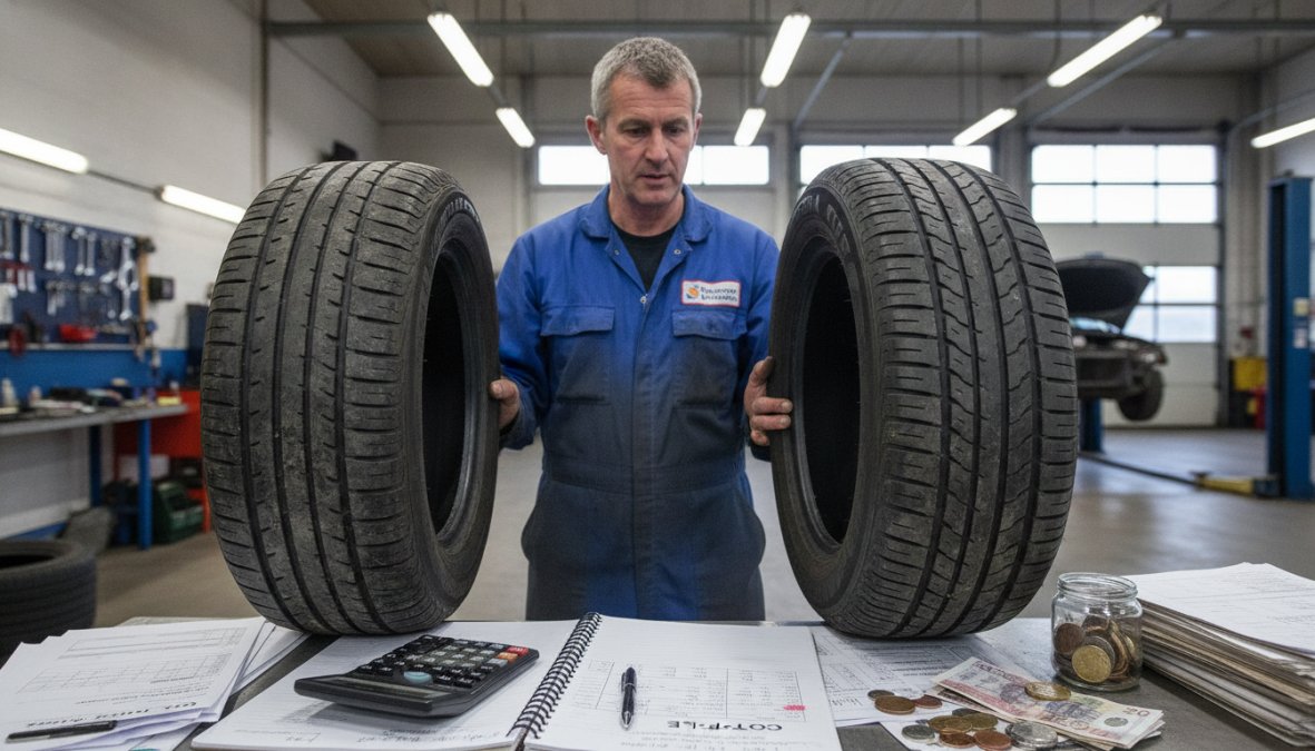 A mechanic in a well-lit garage workshop holding two tyres side by side, one visibly worn budget tyre with shallow tread and one newer branded tyre with deep grooves, comparing them under bright overhead workshop lighting